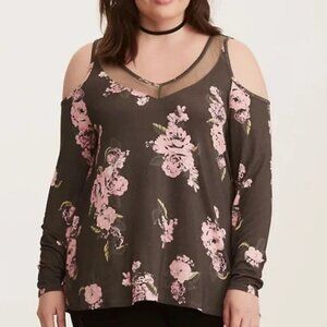 torrid Black Floral Cold-Shoulder Top with Pink Roses